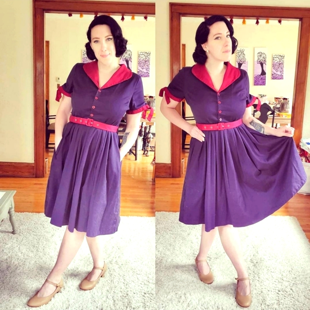 Navy Blue and Burgundy Day Dress